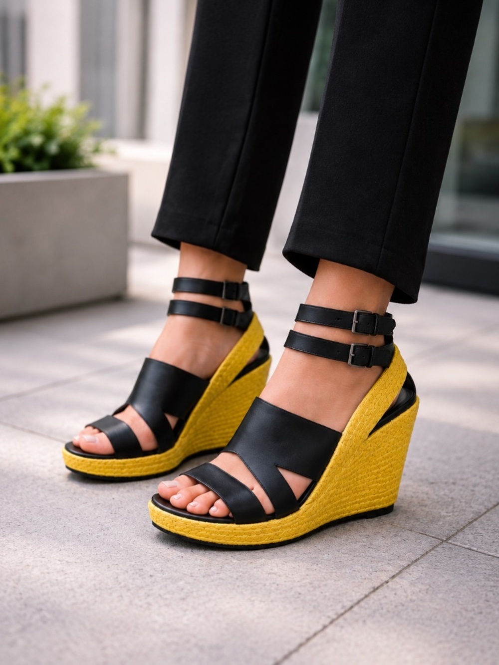 Diesel Black Yellow Alma Espadrille Wedge Sandals Resort Y2K Style 9